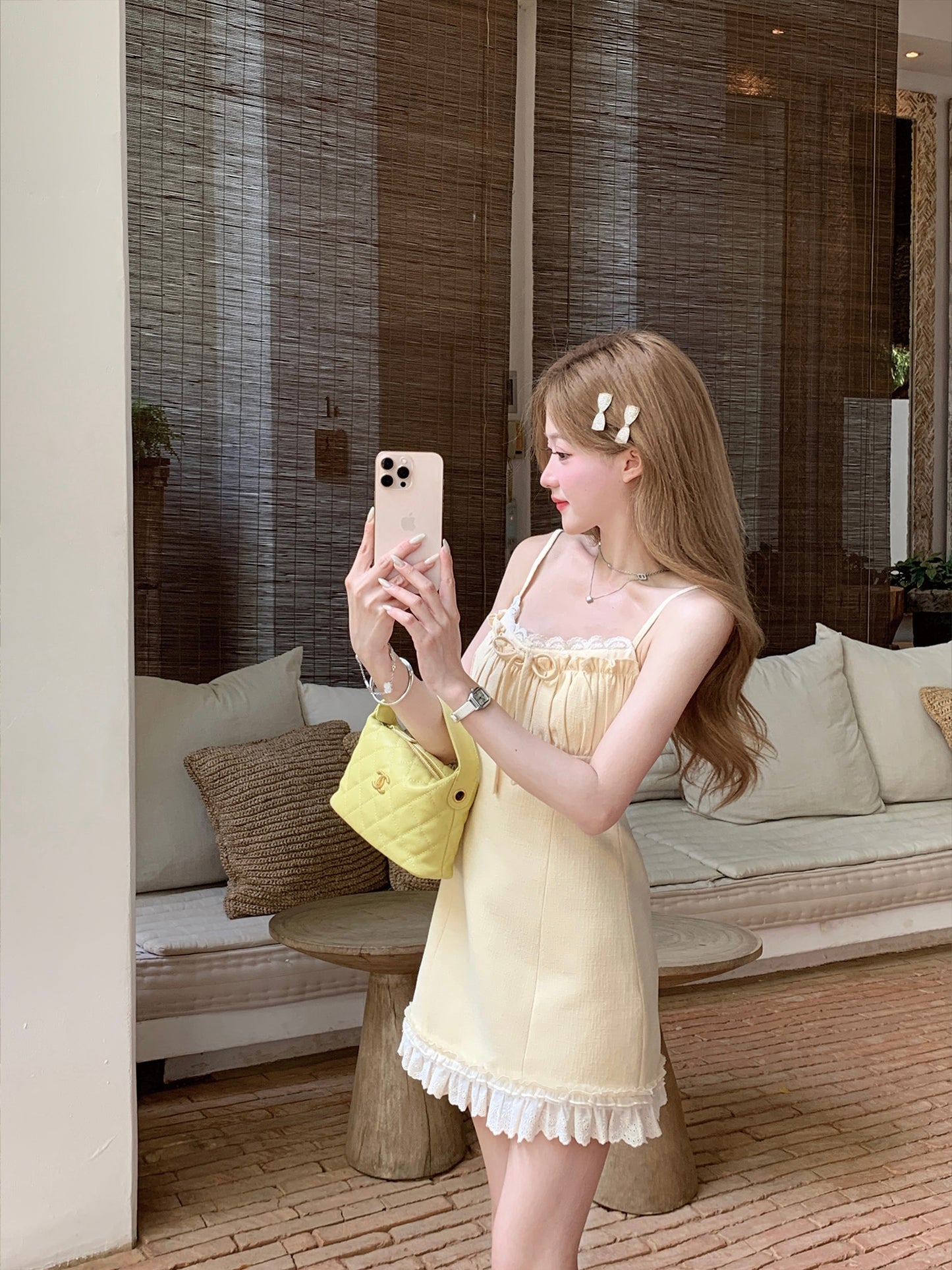 Cream yellow Chanel style suspender dress beautiful summer skirt R3874