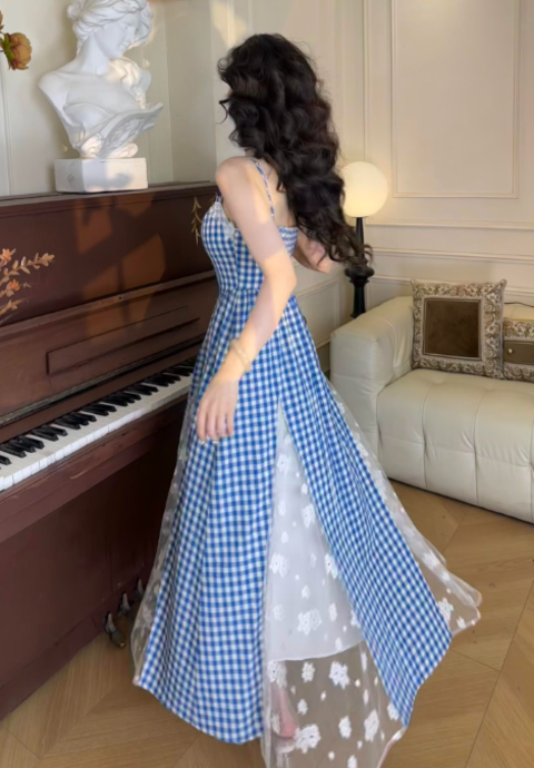 Blue plaid suspender dress beautiful unique waist temperament long skirt new style R0632