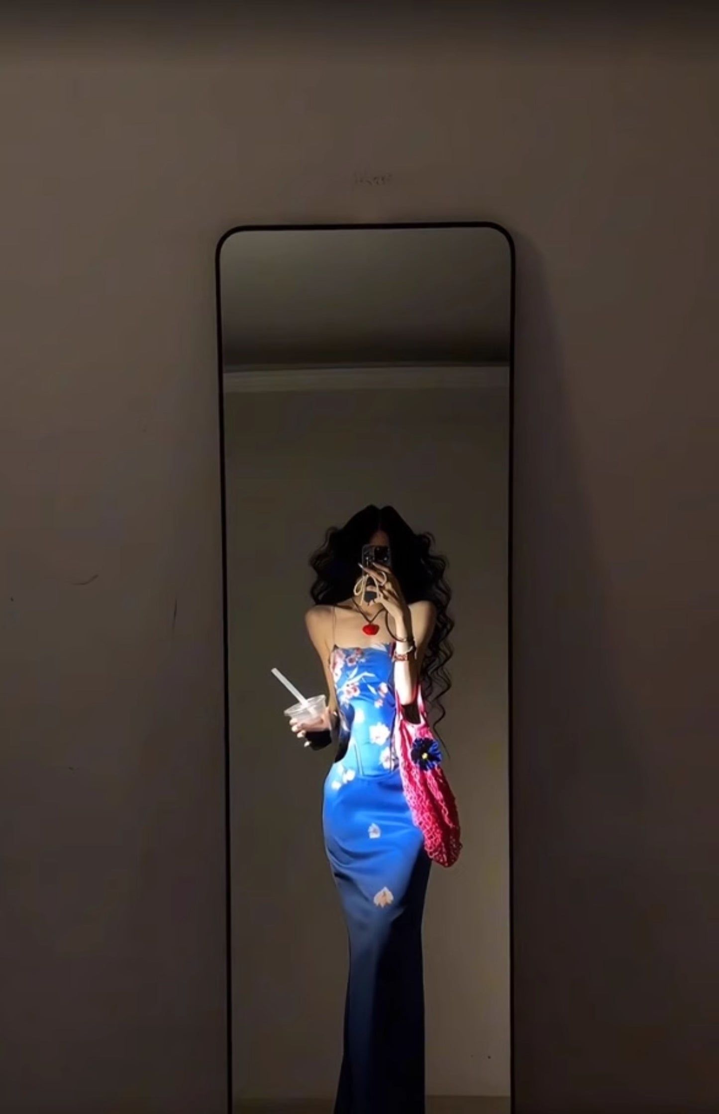 Retro blue floral dress sexy waist slim hip suspender skirt R0640