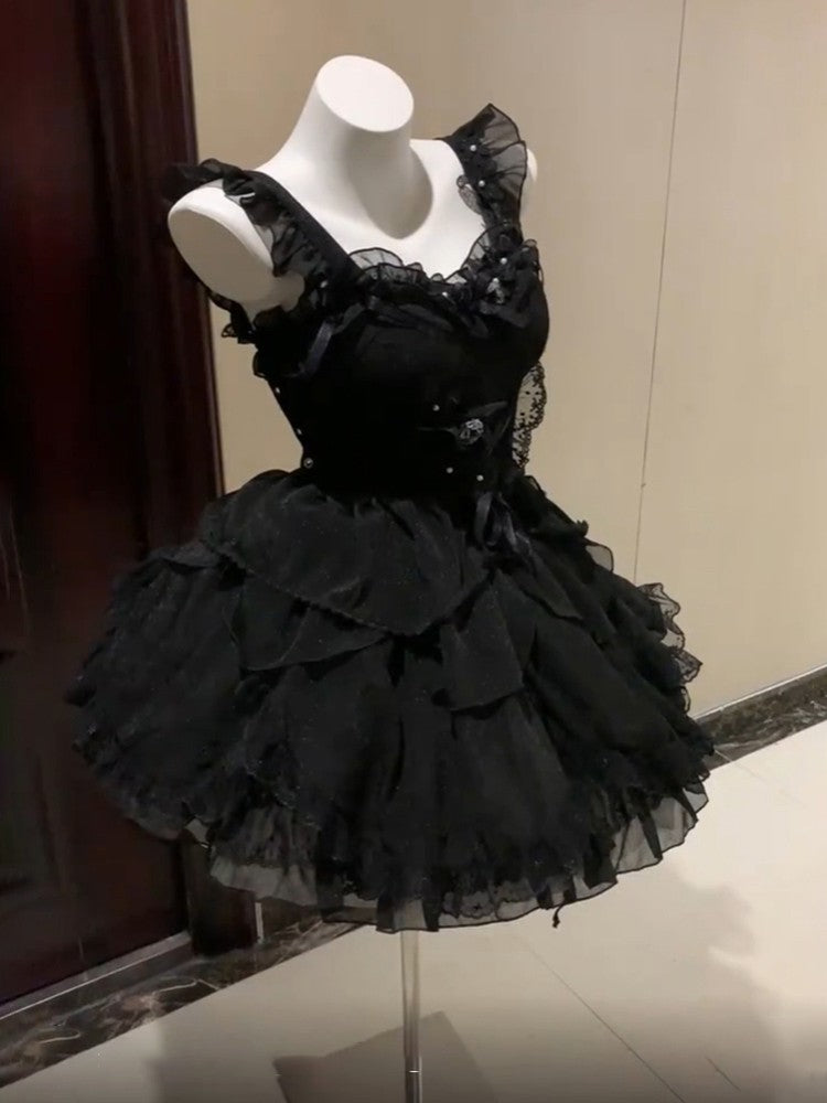 Tea break French black dress ballet style lolita Lolita princess dress small dress R1658