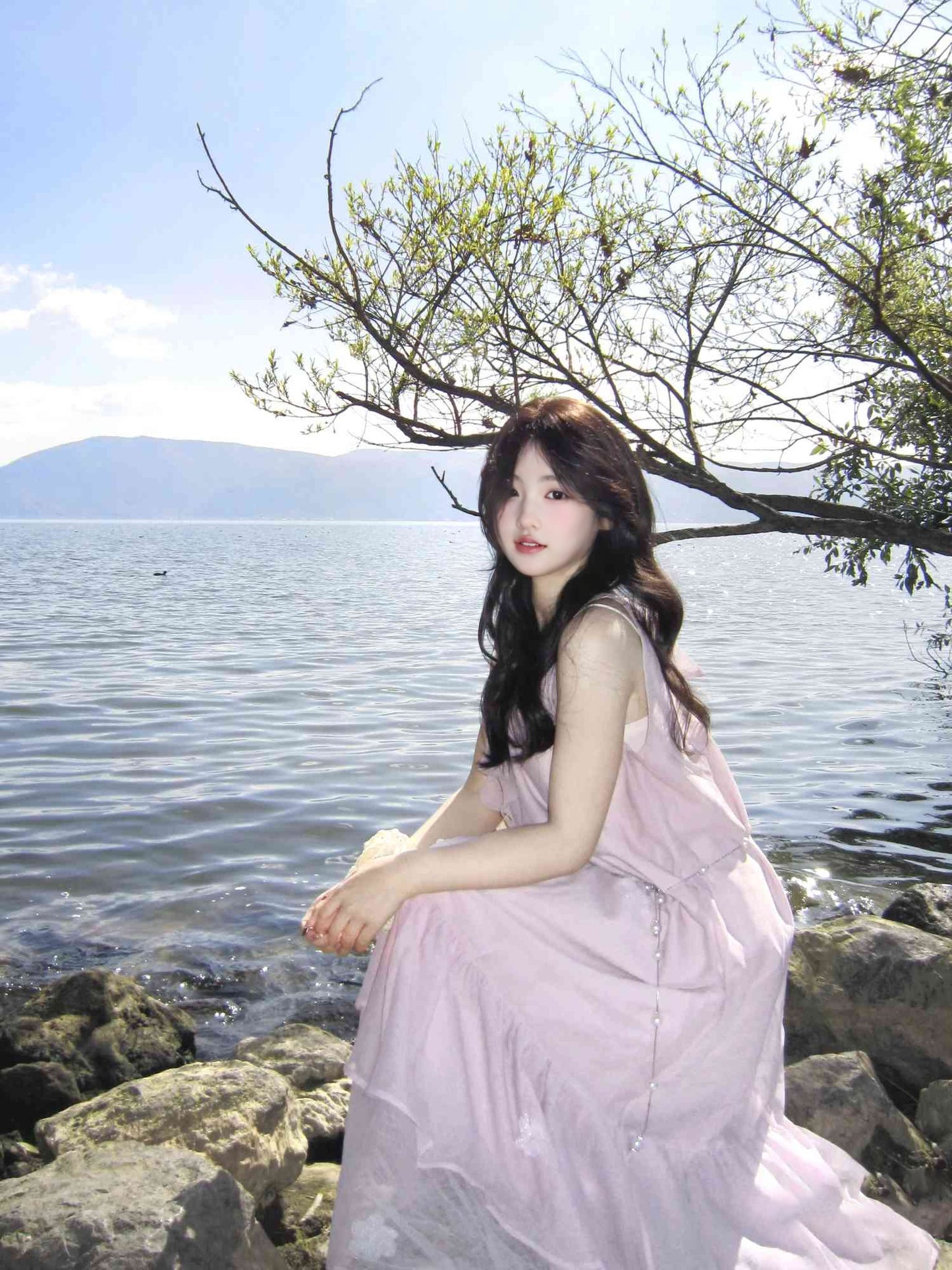 Gentle pink sleeveless halter neck dress beautiful loose skirt R0528