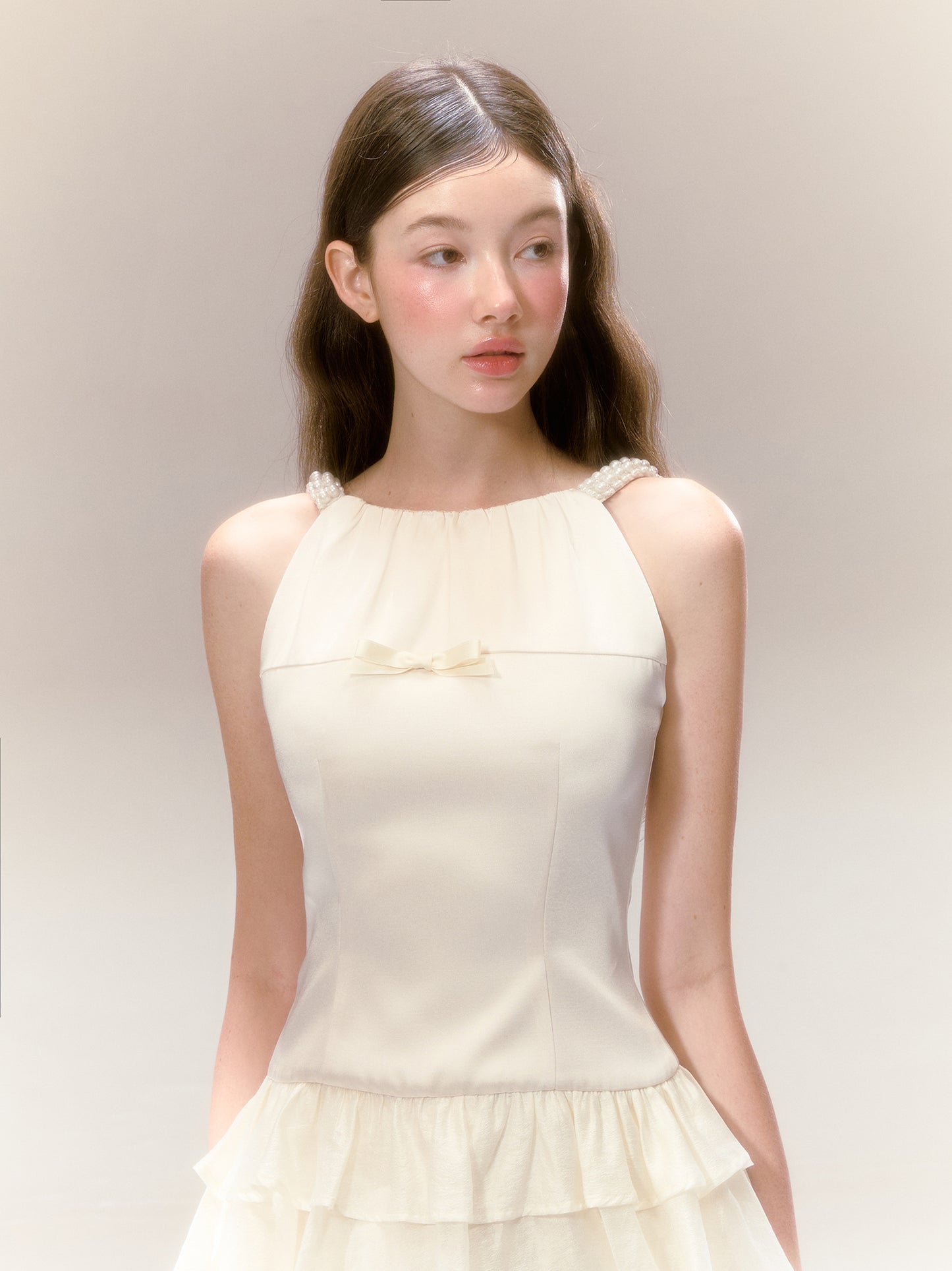 Satin Halter Neck Dress Three-Dimensional Pearl Three-Layer Cake Skirt R5207