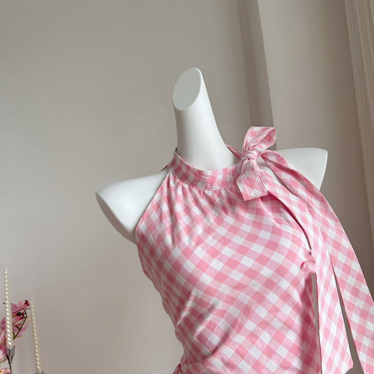 Halter Neck Off Shoulder Pink Plaid Sleeveless Dress Irregular Bow Design Skirt R1979