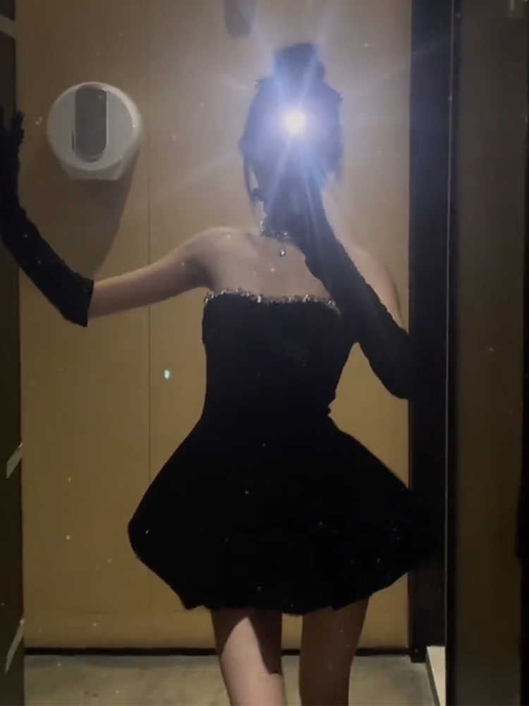 Birthday party dress high-end niche temperament tutu skirt tube top velvet dress R1769