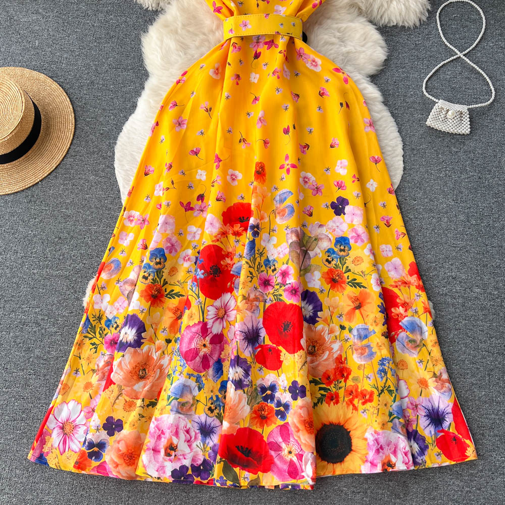 European and American retro palace style shirt dress sleeveless waist slim floral dress R2288