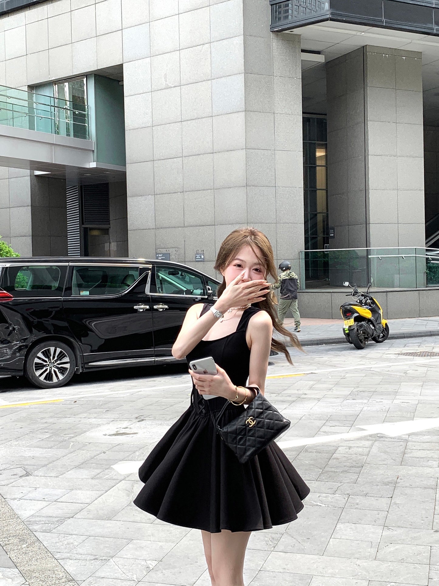 French style black vest dress summer high-end waist skirt R3869