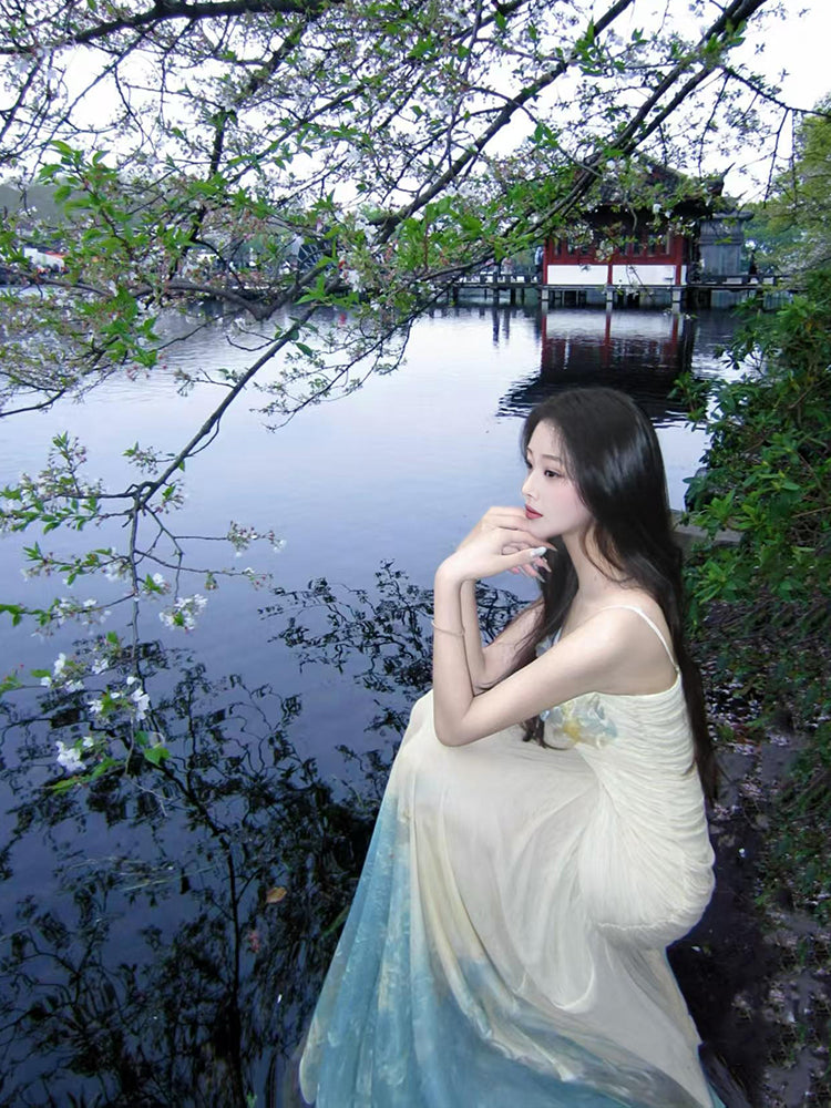 French style mesh suspender dress for holiday, niche design, slim fit, elegant long dress R1803