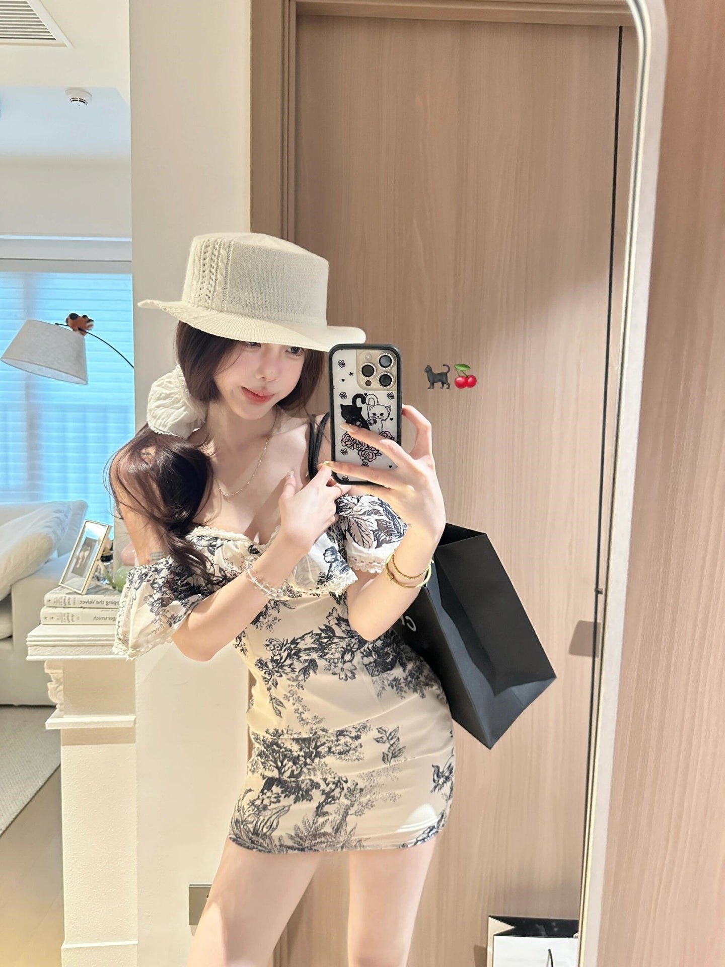 French retro floral one-shoulder dress feminine waist slimming hip short skirt R3593