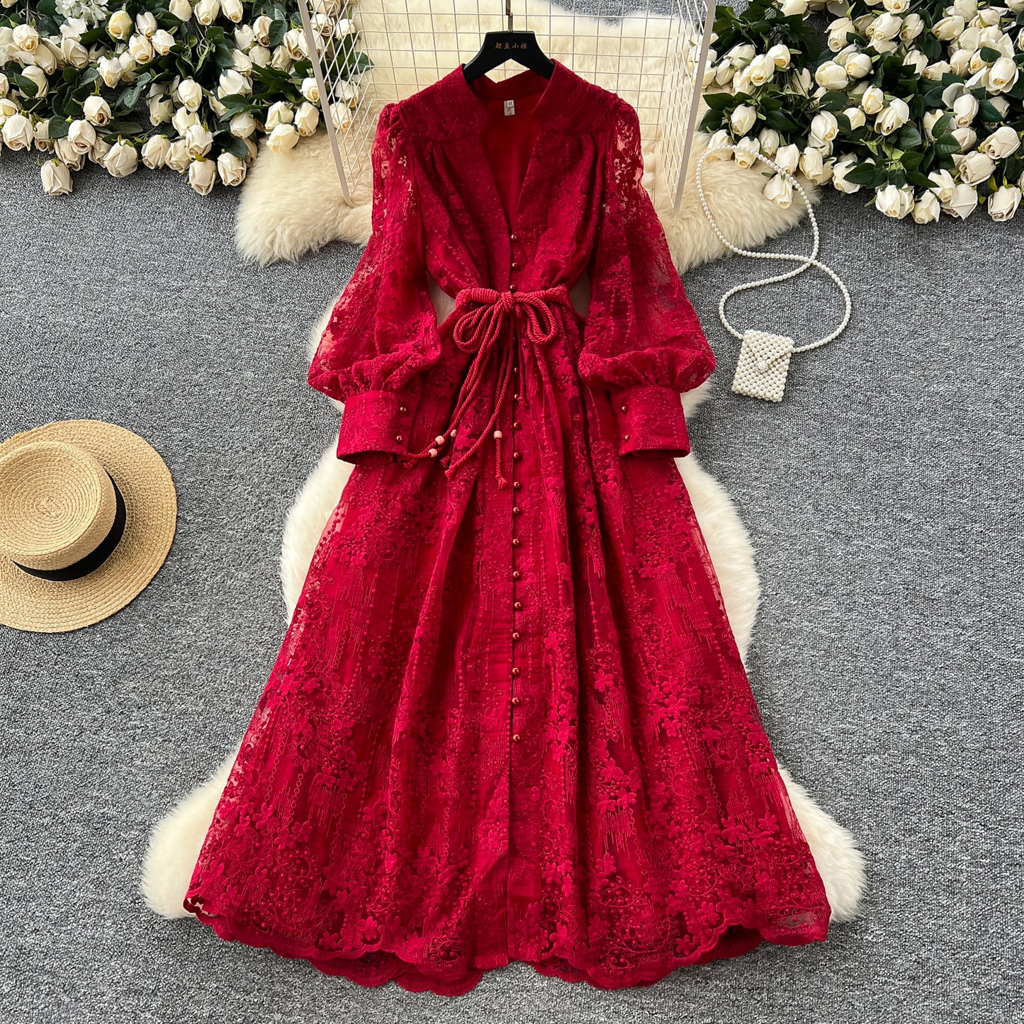French high-end dress 2025 waist embroidery V-neck lantern sleeves single-breasted long skirt R2135
