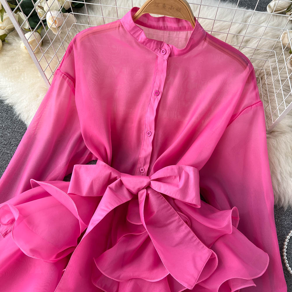 Chiffon chic tops new ruffles high-end design bow tie niche shirt R2252