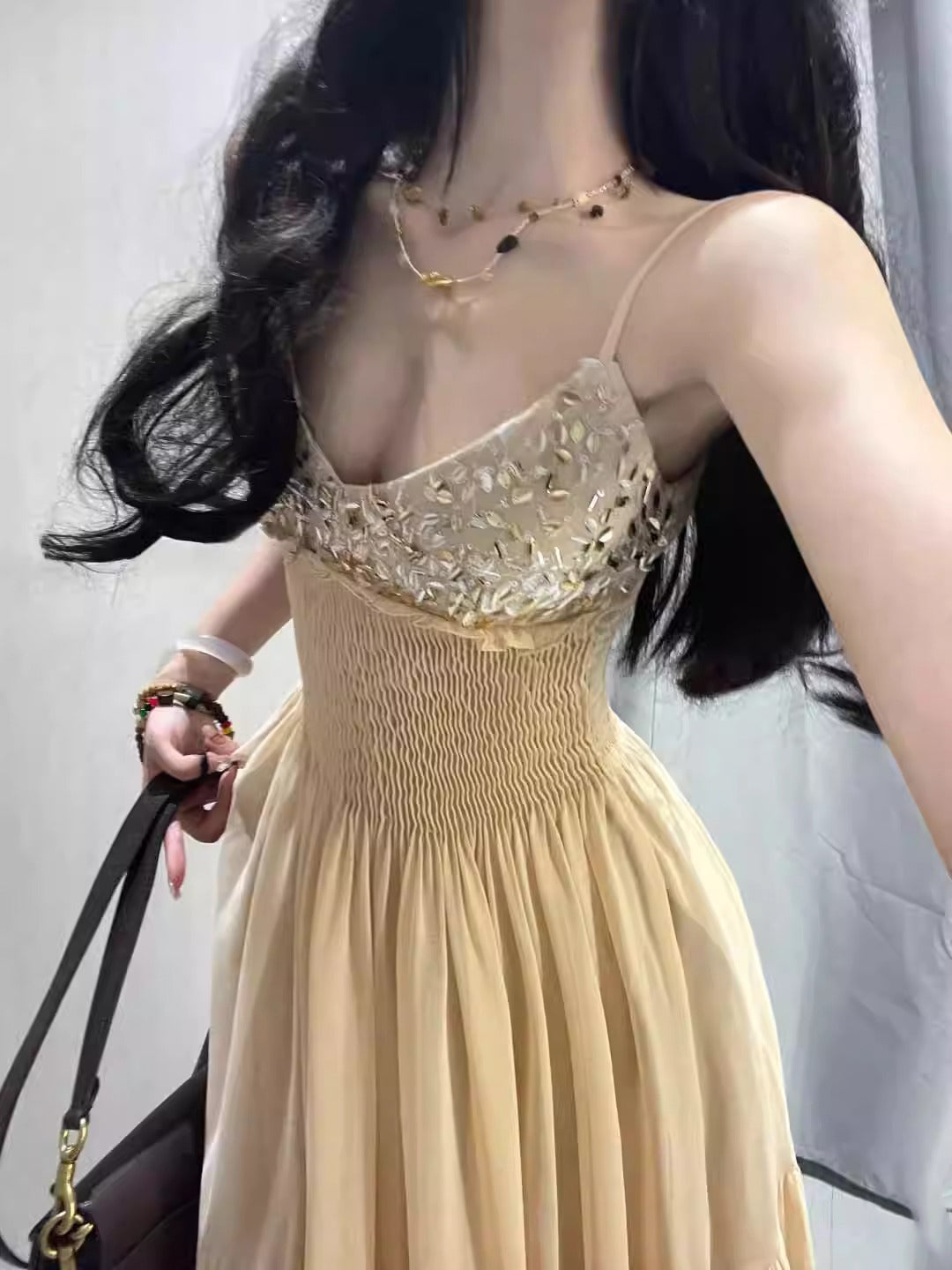 Exquisite suspender dress small dress celebrity waist temperament long skirt R0495