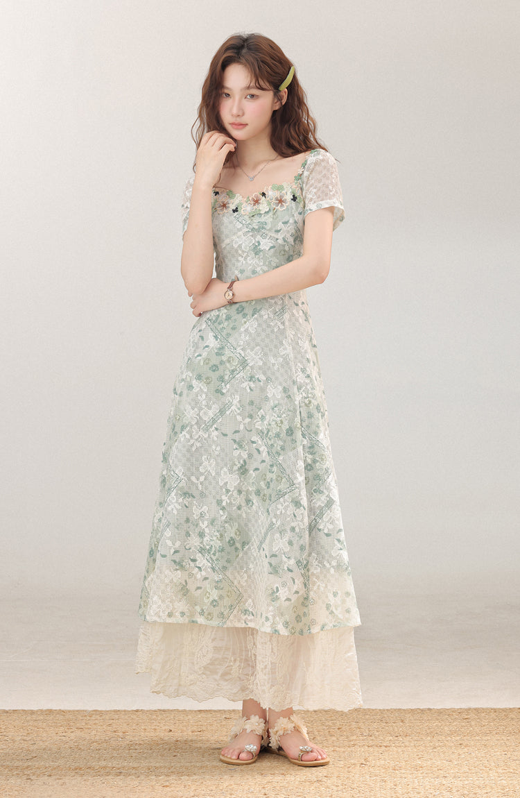 French holiday style green floral dress new slim long dress R1942