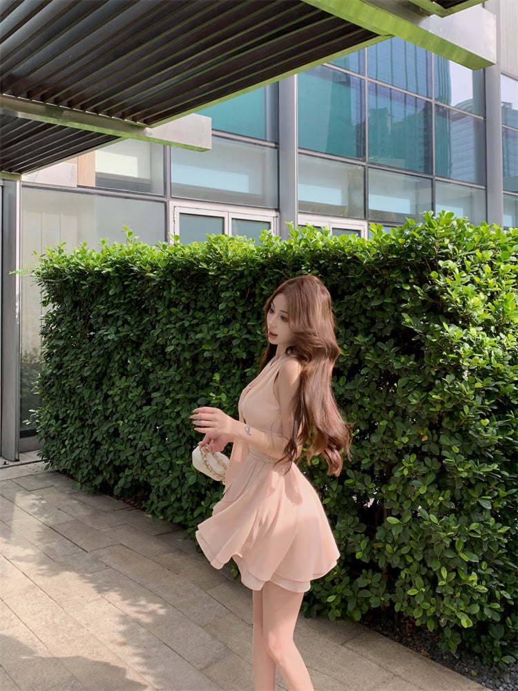 Pink V-neck sleeveless vest dress gentle temperament waist A-line short skirt R0844