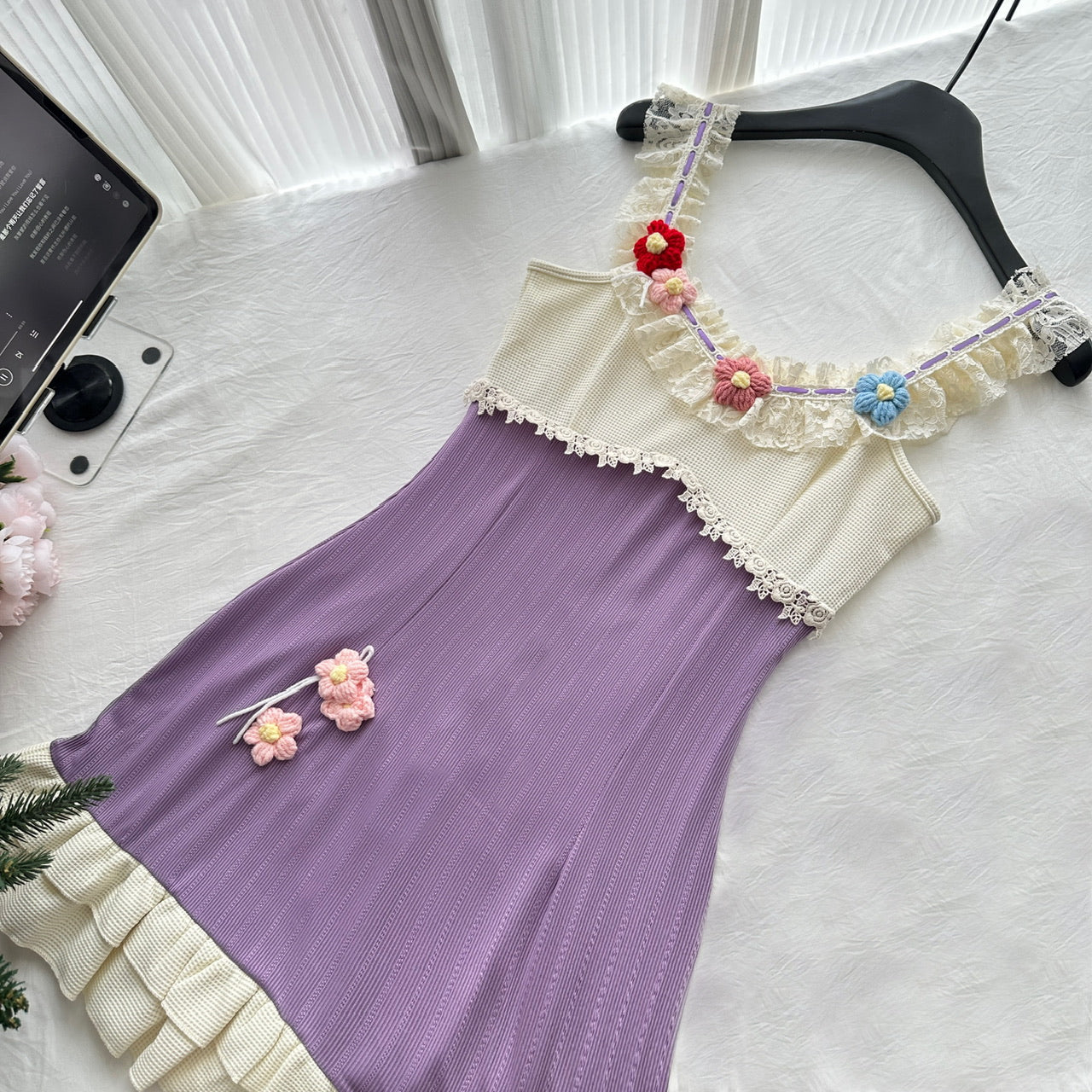 Purple summer sweet slim knitted short patchwork dress R2121