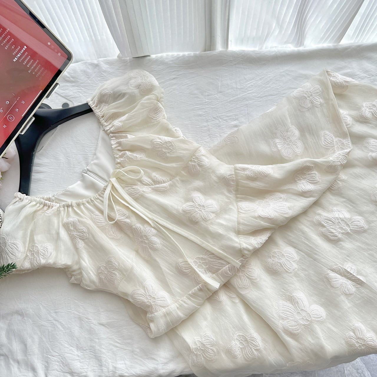 Jacquard French Puff Sleeve Waist Dress Long Dress A-Line Skirt R2120