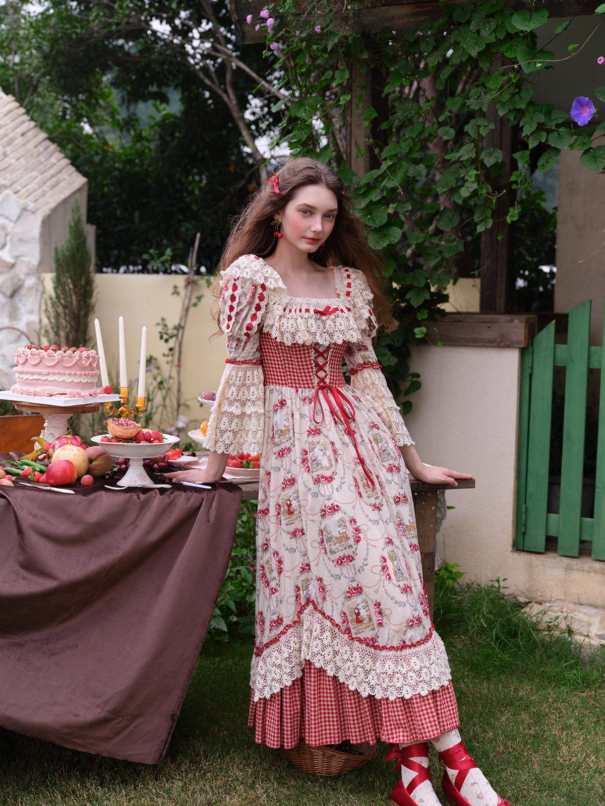 French Pastoral Retro Lace Print Herringbone Long Sleeve Dress Homecoming Dress R5165