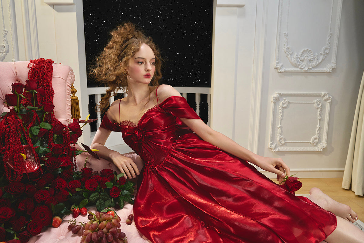 French style one-shoulder waist fishbone dress red evening dress homecoming dress R5153