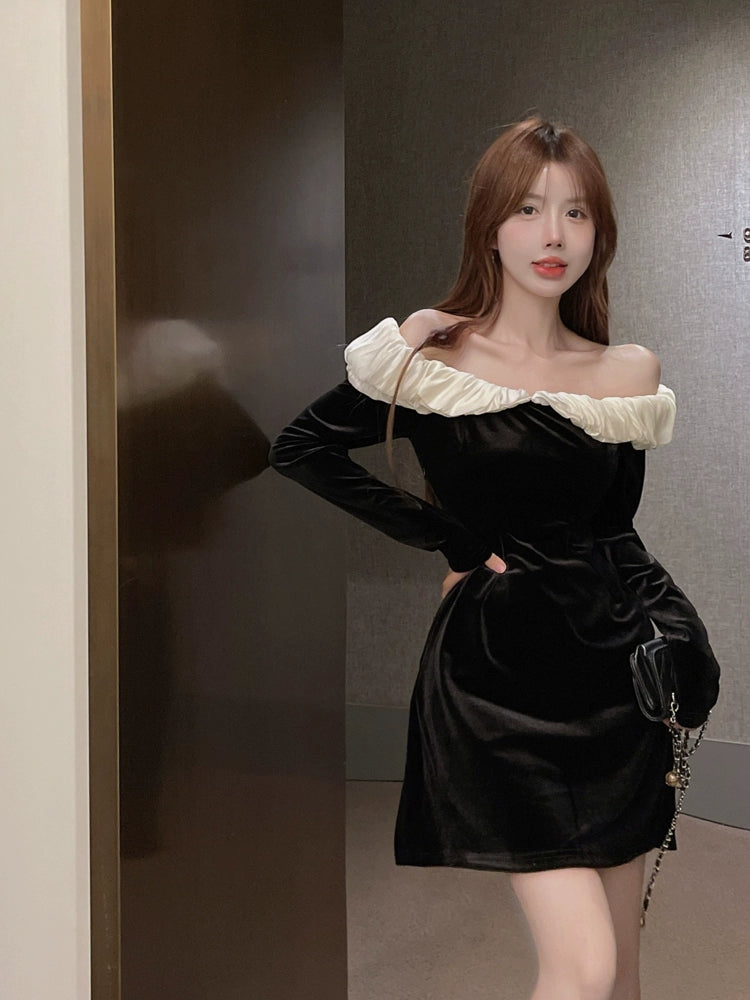 Birthday party dress off-shoulder long-sleeved black velvet dress S5773