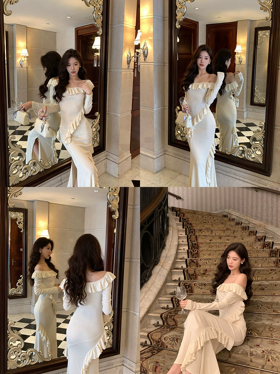 Black French ruffle design dress for women with slit long sleeves party dress S5728