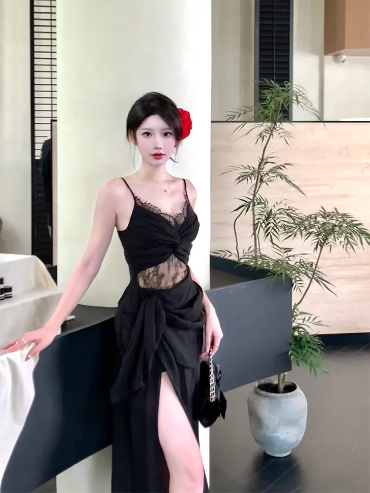 Black retro lace dress summer party dress S6052