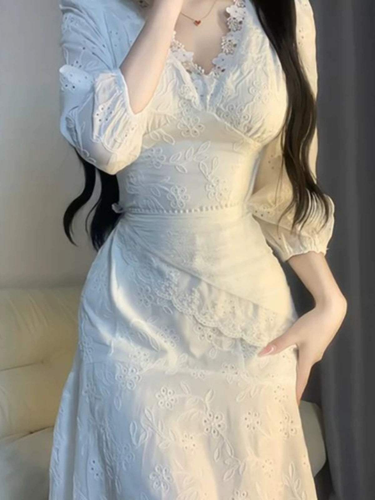 French retro puff sleeve embroidered lace dress S5762