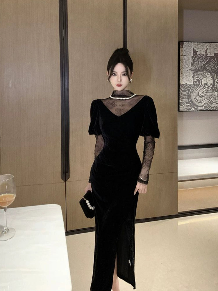 Black luxury dress velvet dress S5834