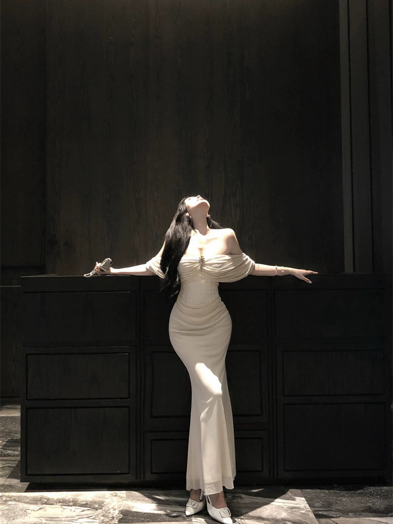 Apricot sleeveless dress for women mermaid long party dress S5904