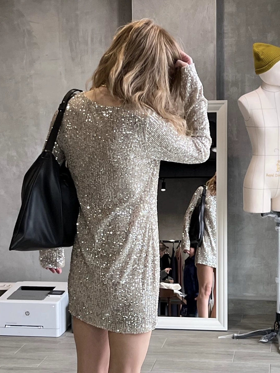 silver sequin long-sleeved dress round neck outer wear T-shirt top S6032