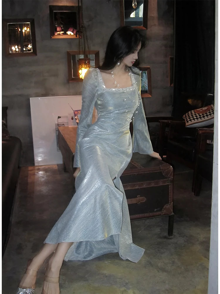 French square neck bubble long sleeve dress mermaid party dress S6058