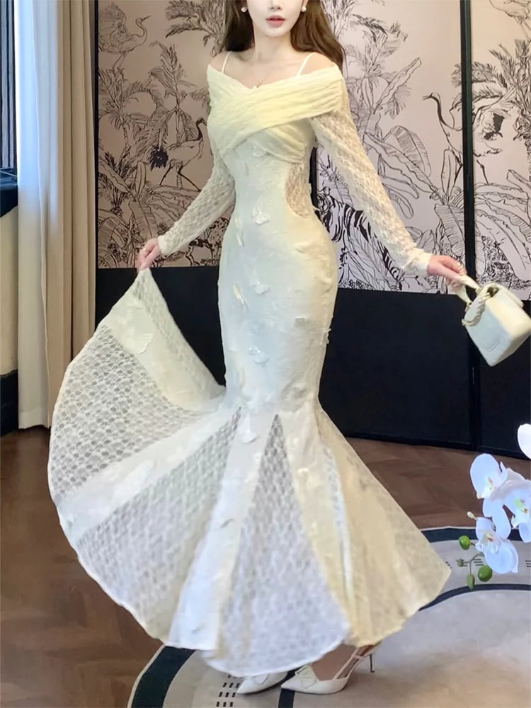 butterfly lace dress long sleeve mermaid evening dress S6091