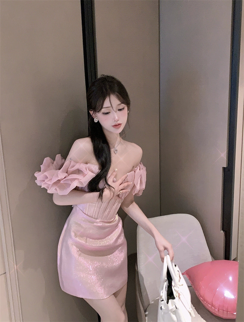 Birthday dress off shoulder pink dress for women S5804