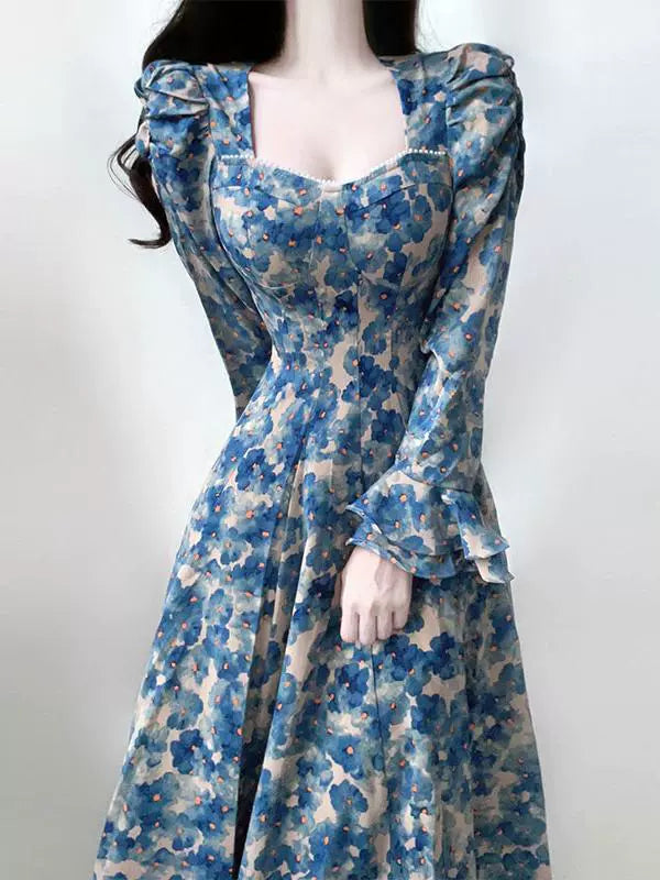 Retro floral long-sleeved dress for women new style party dress S5875