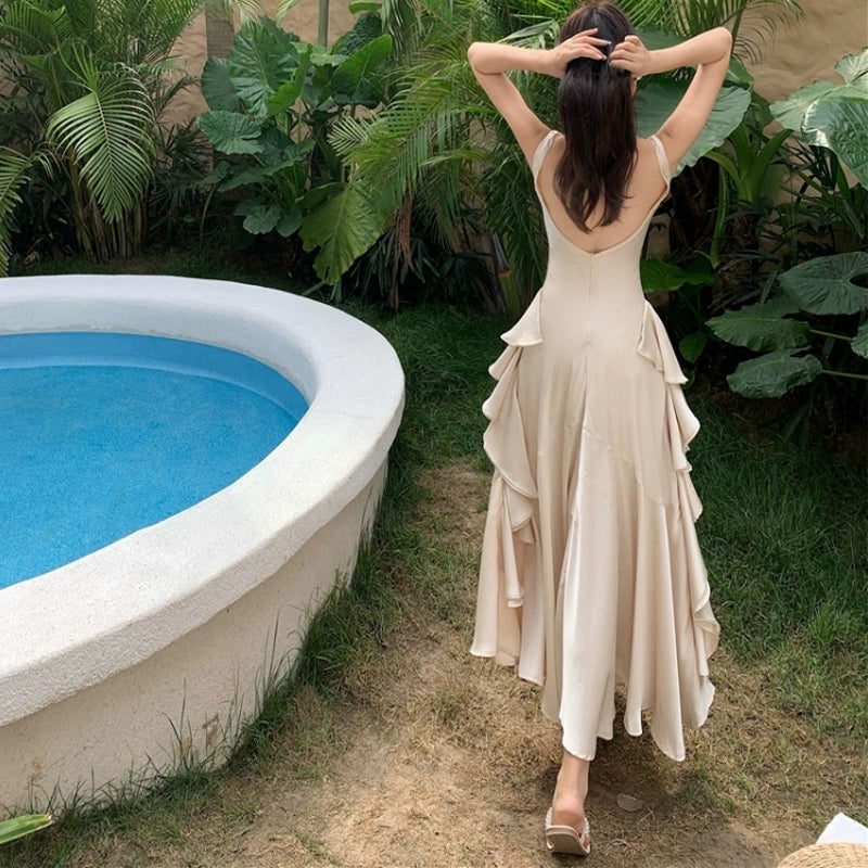 Long design beach seaside vacation ruffled backless green suspender dress S5781