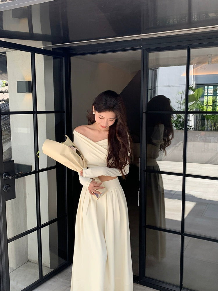 Apricot cross design long sleeve top for women A-line long dress S5723