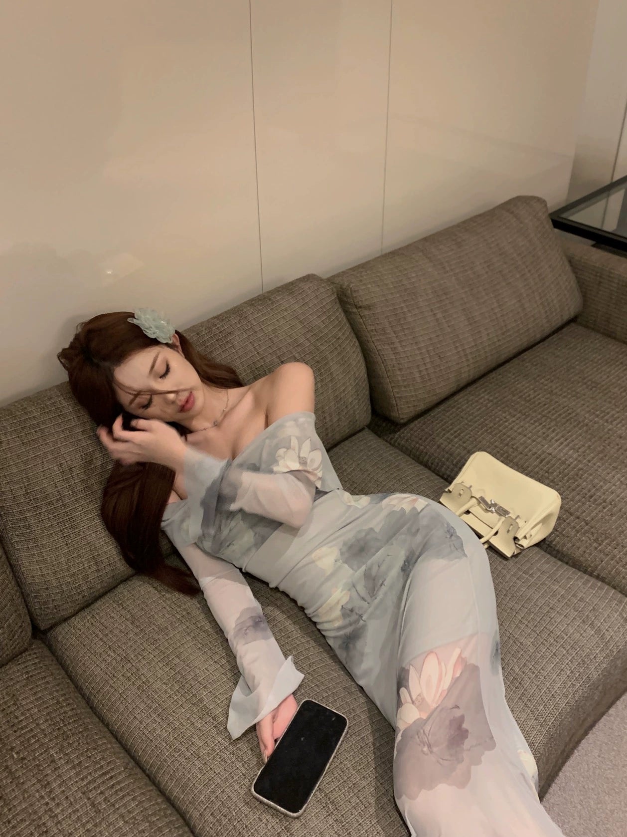 Off-shoulder print long sleeve dress sexy mermaid dress S5912