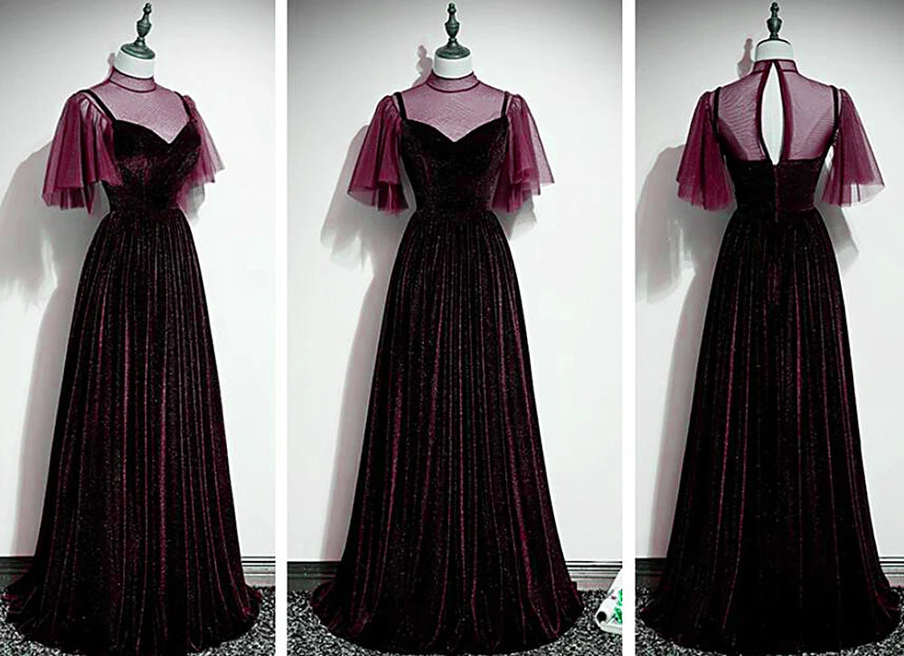 Velvet A-Line Long High Neckline Party Dress, Wine Red Long Bridesmaid Dress S2563