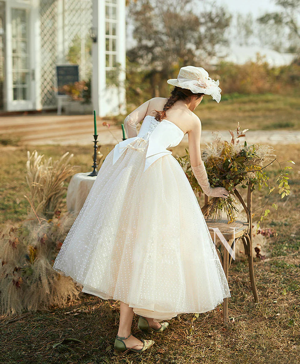 Champagne Tulle Retro Short Dress, Tulle Tea Length Prom Dress S2713