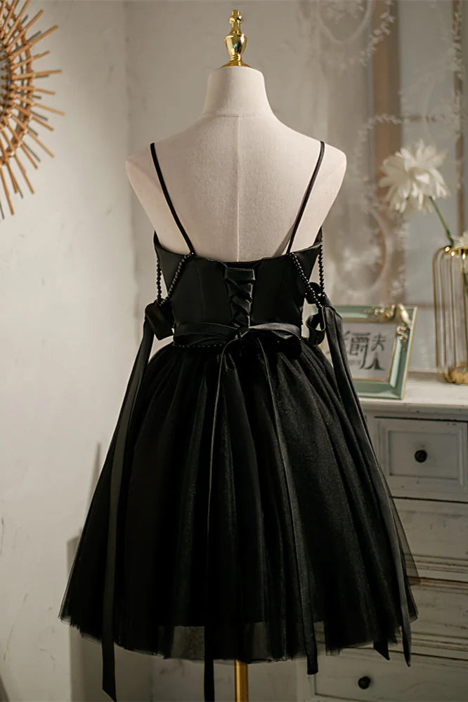 Black Beaded Cut-Out Bow Tie Straps Homecoming Dress S2907