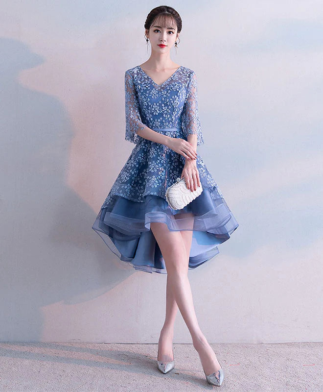 Blue V Neck Lace Short Prom Dress, Blue Lace Homecoming Dress S3334