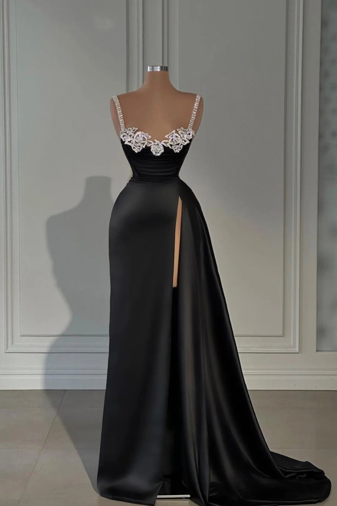 Black Evening Dress Satin Spaghetti Strap With Split Beadings S3158