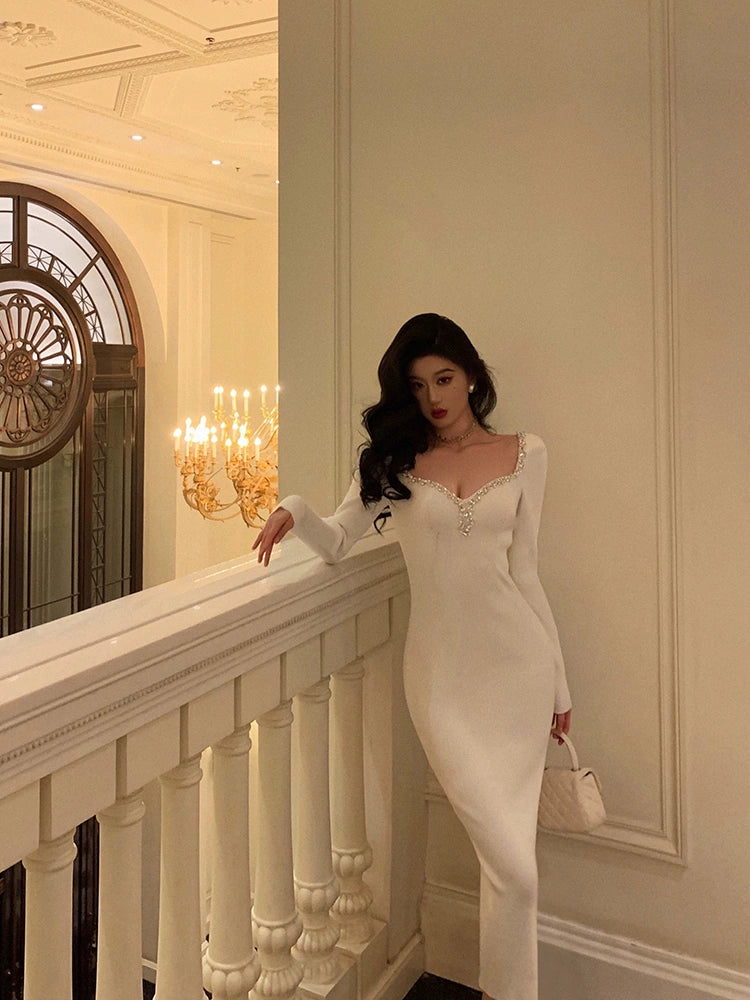 White diamond knitted dress for women long party dress S5685