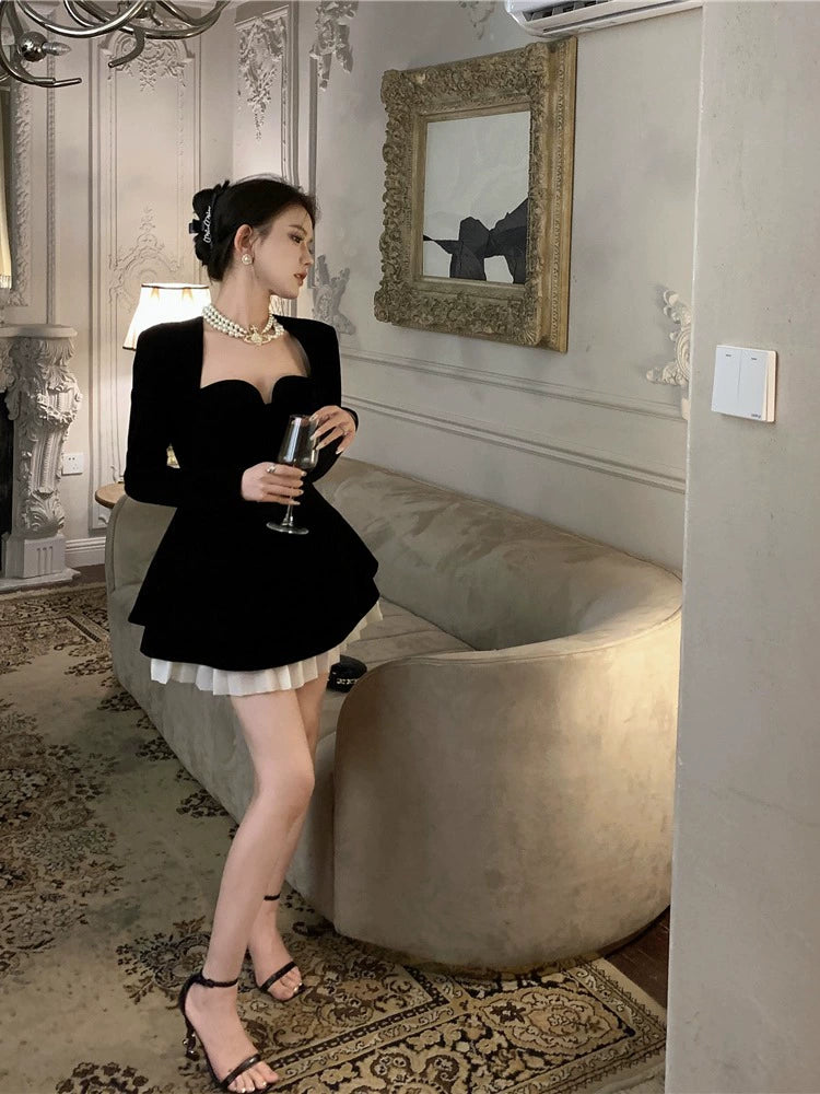 Black velvet long-sleeved dress for women banquet dress short party dress S5878