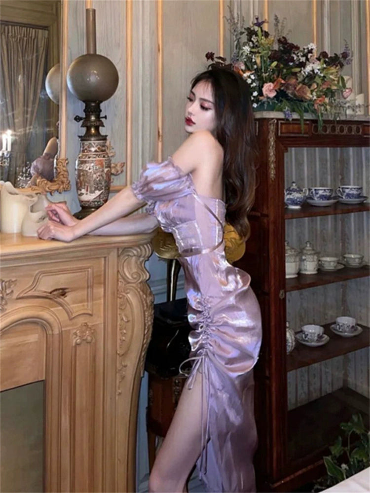 Birthday dress purple off-shoulder dress for women S5733