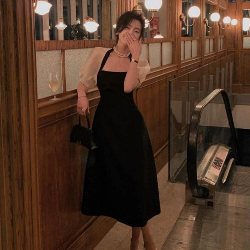 Birthday party dress fairy black puff sleeve dress S5787