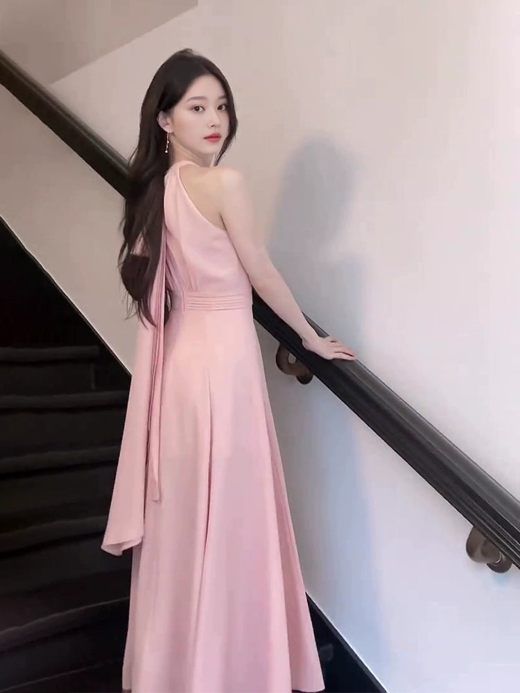 Pink sleeveless halter dress for women long dress S5779