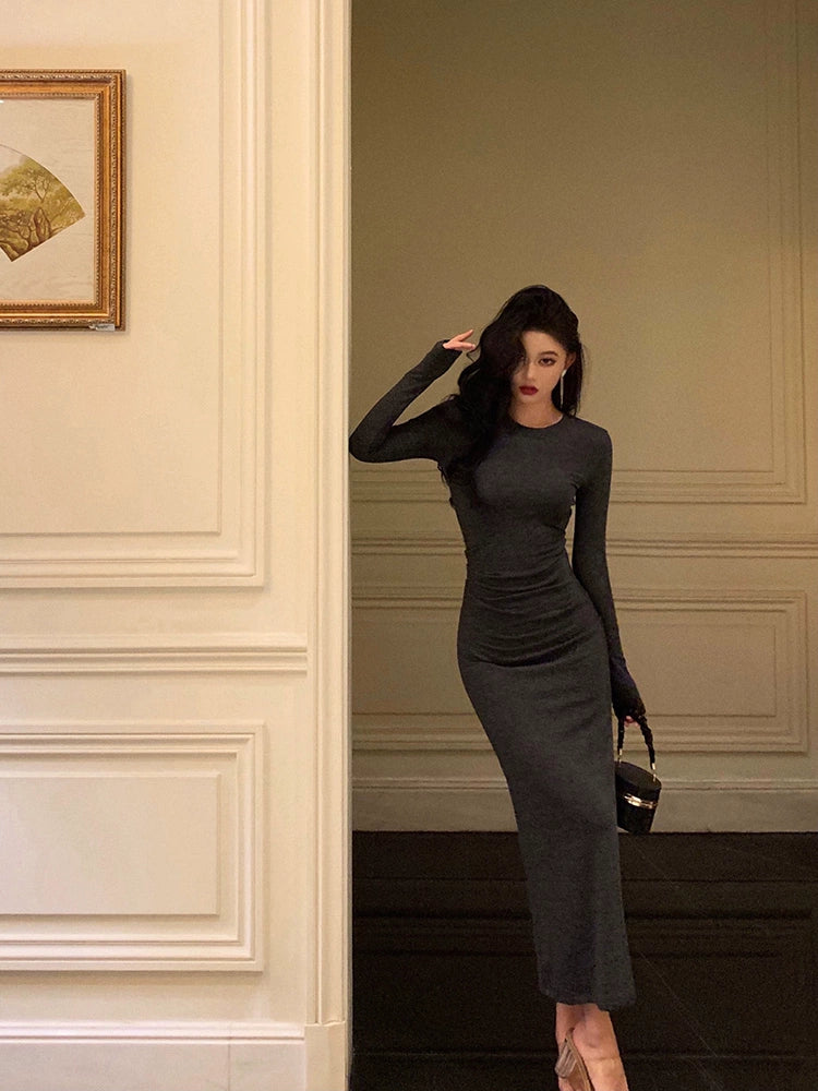 Gray long-sleeved dress for women new pleated long party dress S5689