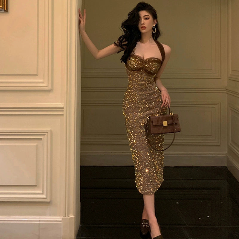 Birthday party dress sequin halter neck dress S5847