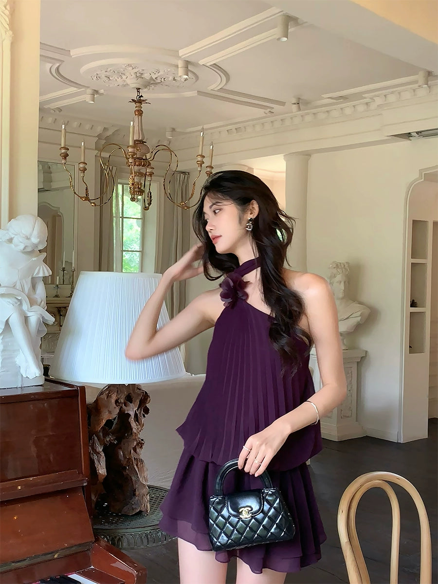 Purple halter neck dress summer party dress S5725