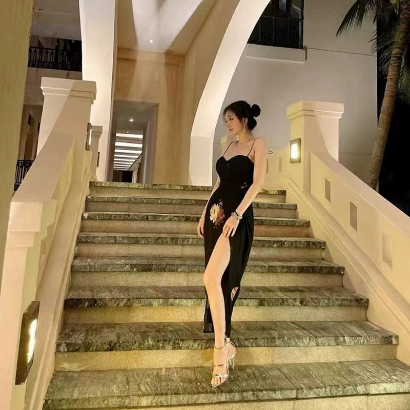 Sexy black floral suspender dress for women long party dress S5789