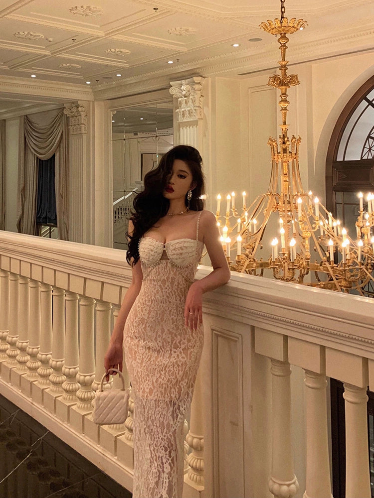 Sexy lace suspender dress new design long party dress S5644